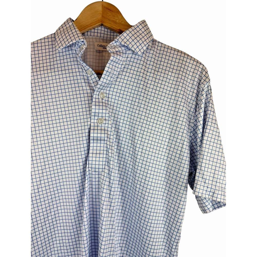 Collars & Co Shirt Mens Medium Blue Check Print‎ Polo Golf Short Sleeve